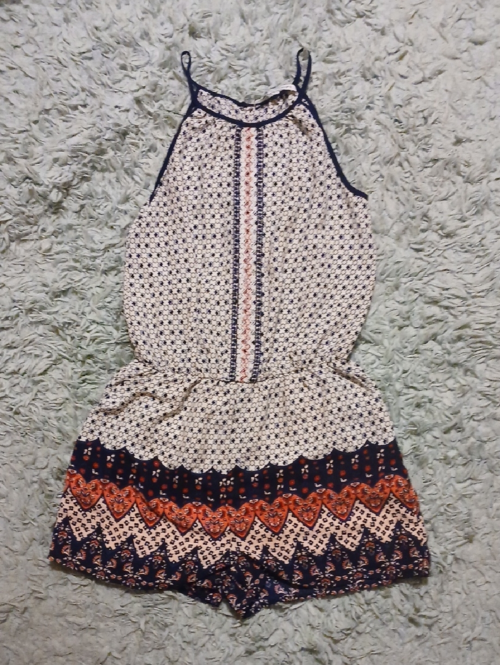 Collective Concepts Navy & Coral Geometric Halter Romper